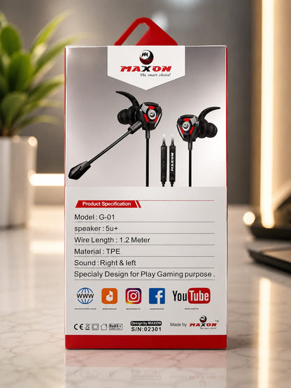 MAXON G-01 Gaming Earphones with HD Microphone | Wired Stereo Earbuds for Mobile Gaming & Calls - Mugzu